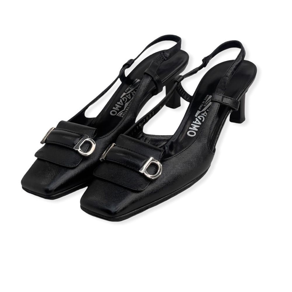 Salvatore Ferragamo Black Slingback Leather Heels with Silver Buckle